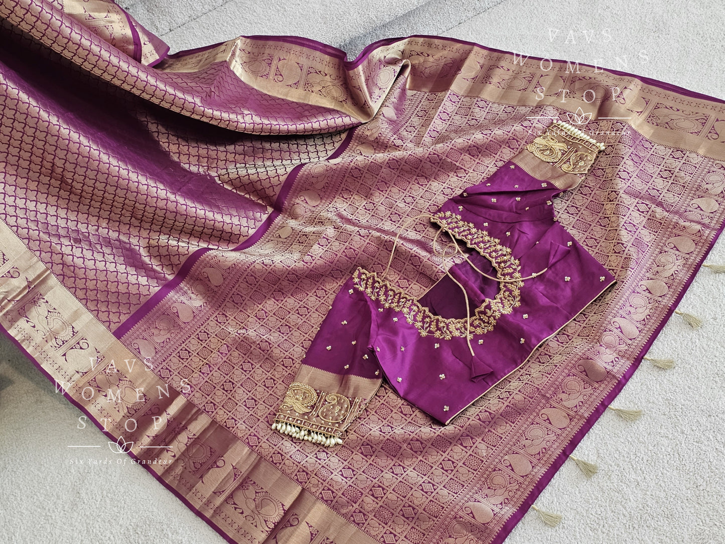 Pure Kanchi Pattu Soft Silk Saree with maggam work stitched blouse