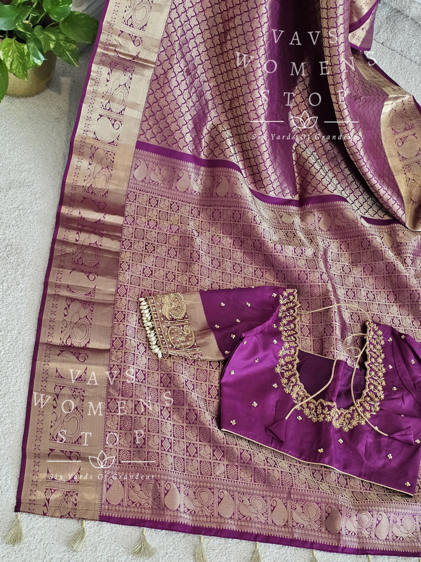 Pure Kanchi Pattu Soft Silk Saree with maggam work stitched blouse