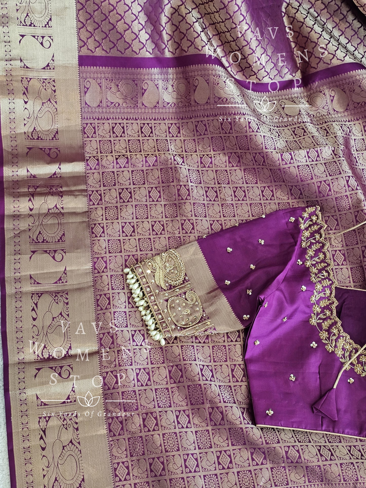 Pure Kanchi Pattu Soft Silk Saree with maggam work stitched blouse