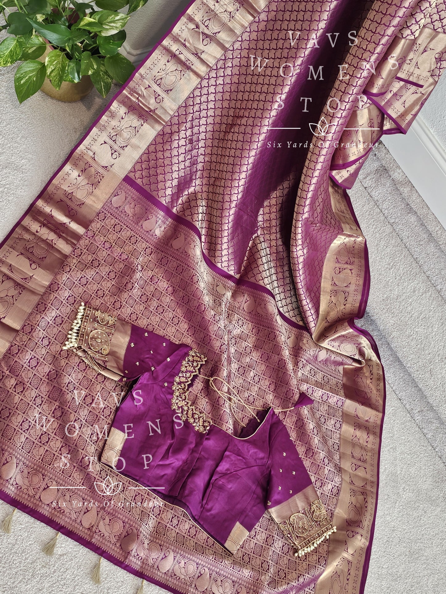 Pure Kanchi Pattu Soft Silk Saree with maggam work stitched blouse