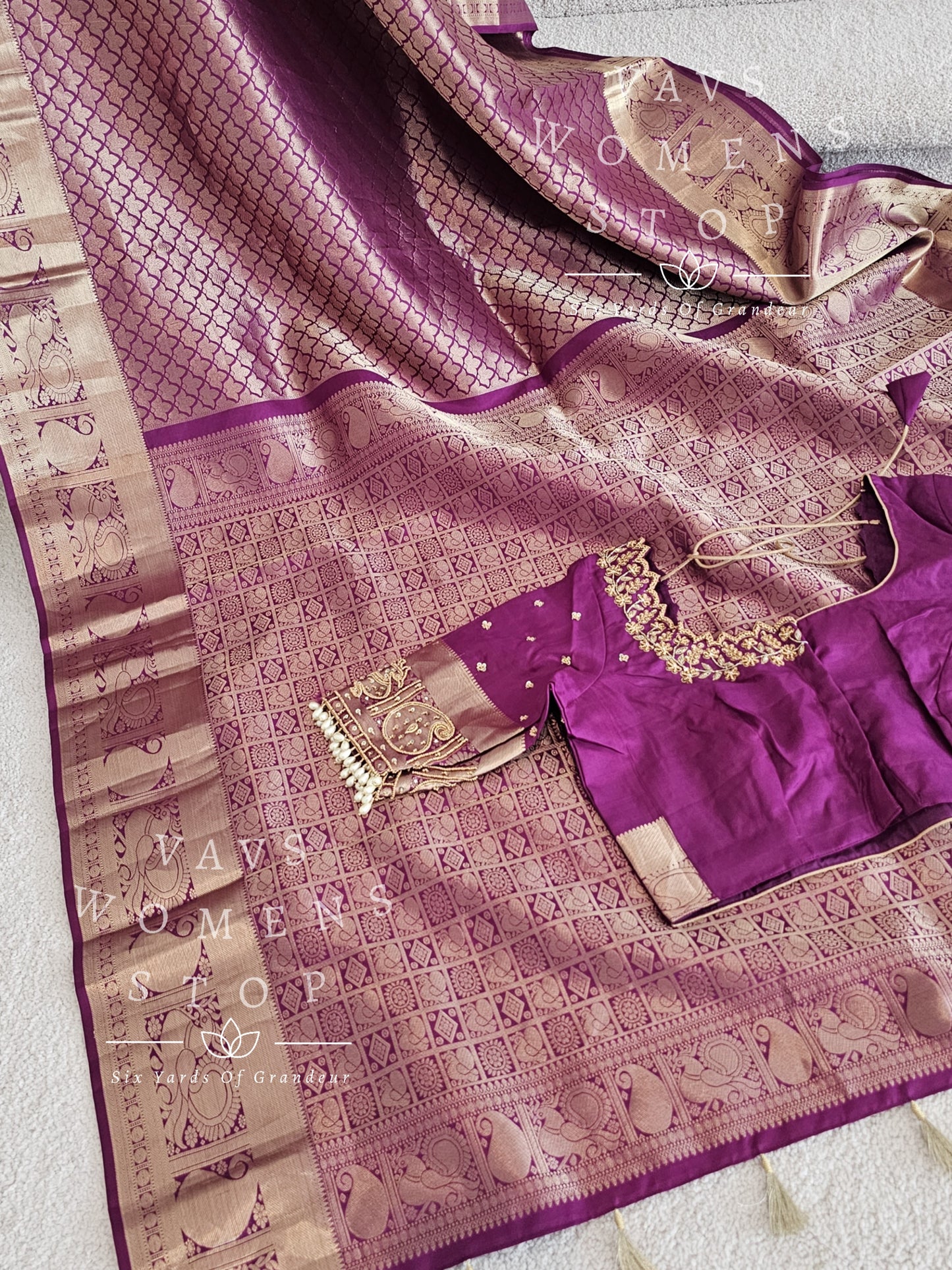 Pure Kanchi Pattu Soft Silk Saree with maggam work stitched blouse