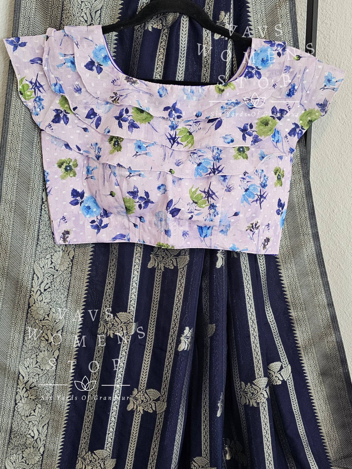 Semi Crepe Benarasi Silk Saree - Sleeveless Floral Ruffle Sleeves Blouse