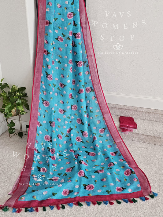 Floral Print Pure Linen By Linen Saree