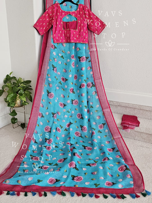 Floral Print Pure Linen By Linen Saree - Blouse