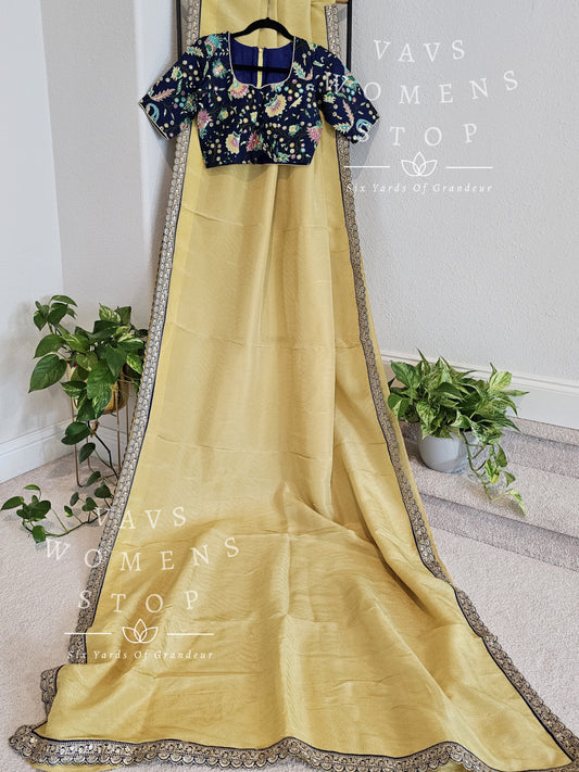 VAVS Customized Designer Crush Tissue Saree - Muslin Silk Cotton Floral Blouse