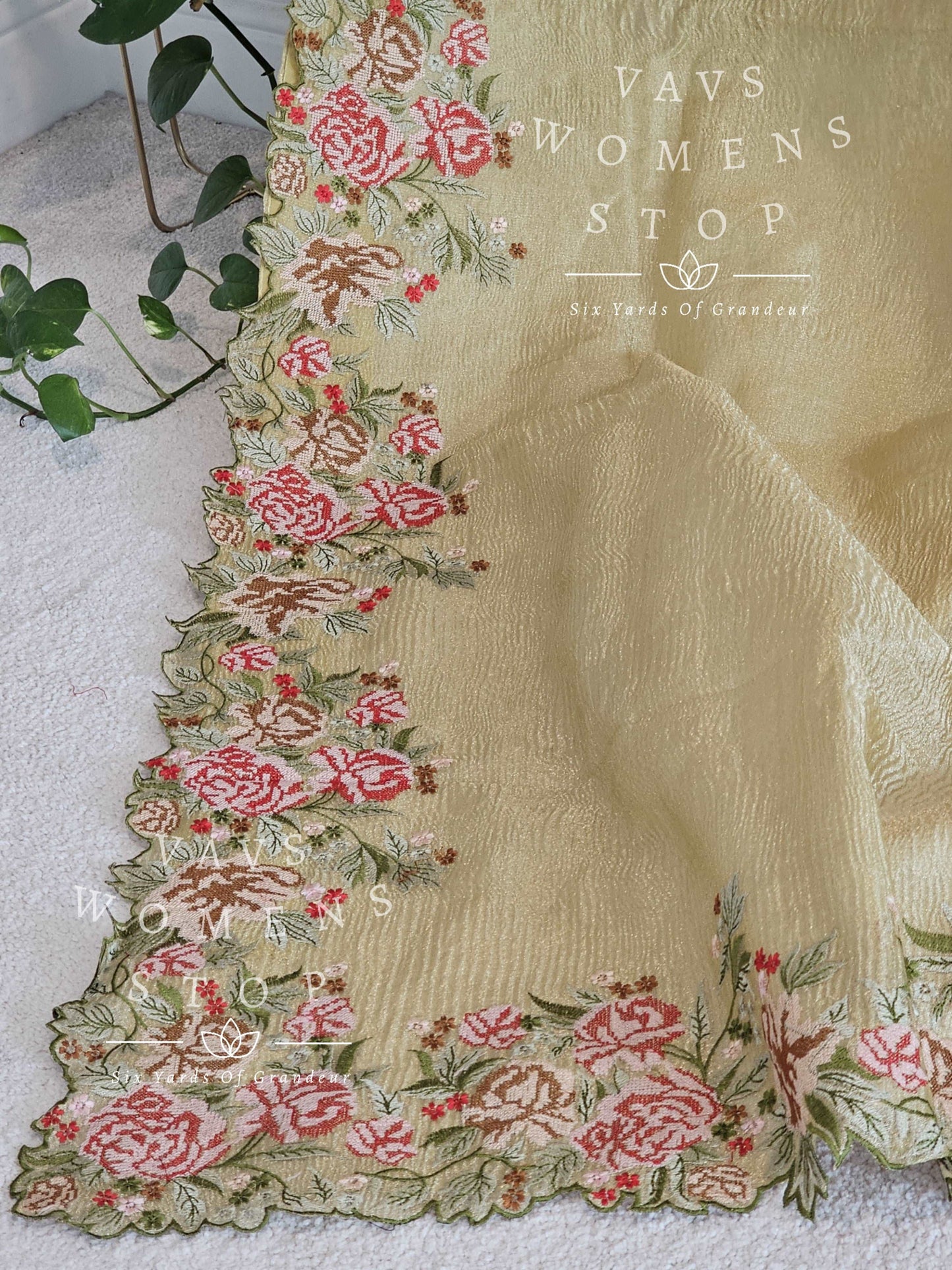 Crush Tissue Matte Embroider Border Saree - Tissue Benarasi Blouse