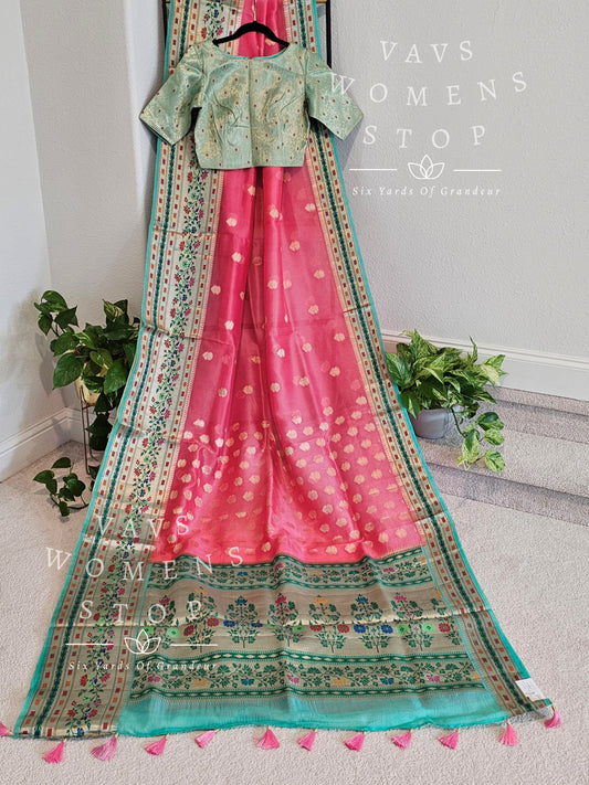 Pure Kora Organza Silk Designer Paithani Saree - Blouse