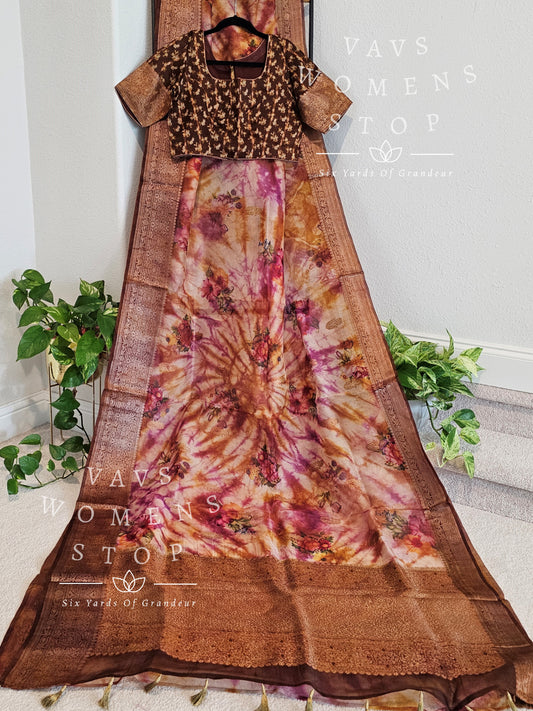 Pure Organza Designer Floral Shibori Prints Saree - Blouse