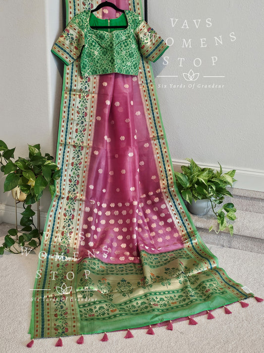 Pure Kora Organza Silk Paithani Border Designer Saree - Blouse