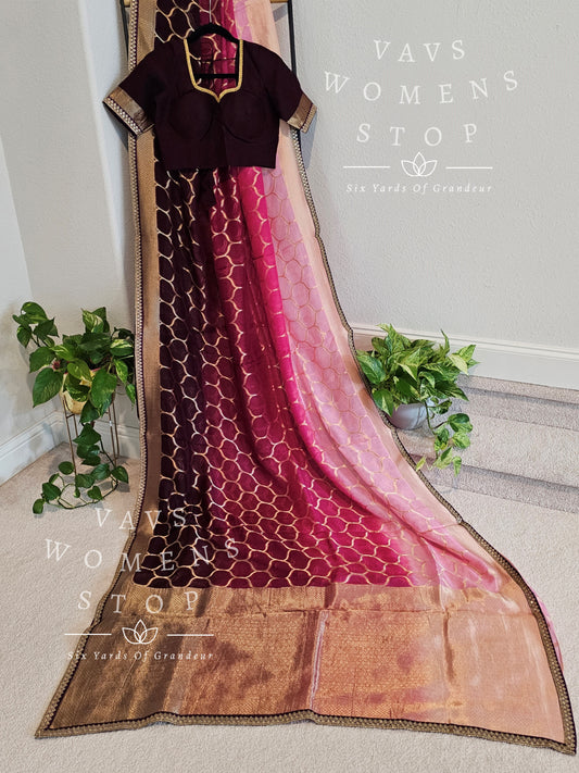 Shaded Pure Kora Organza Silk Cocktail Party Saree - Blouse