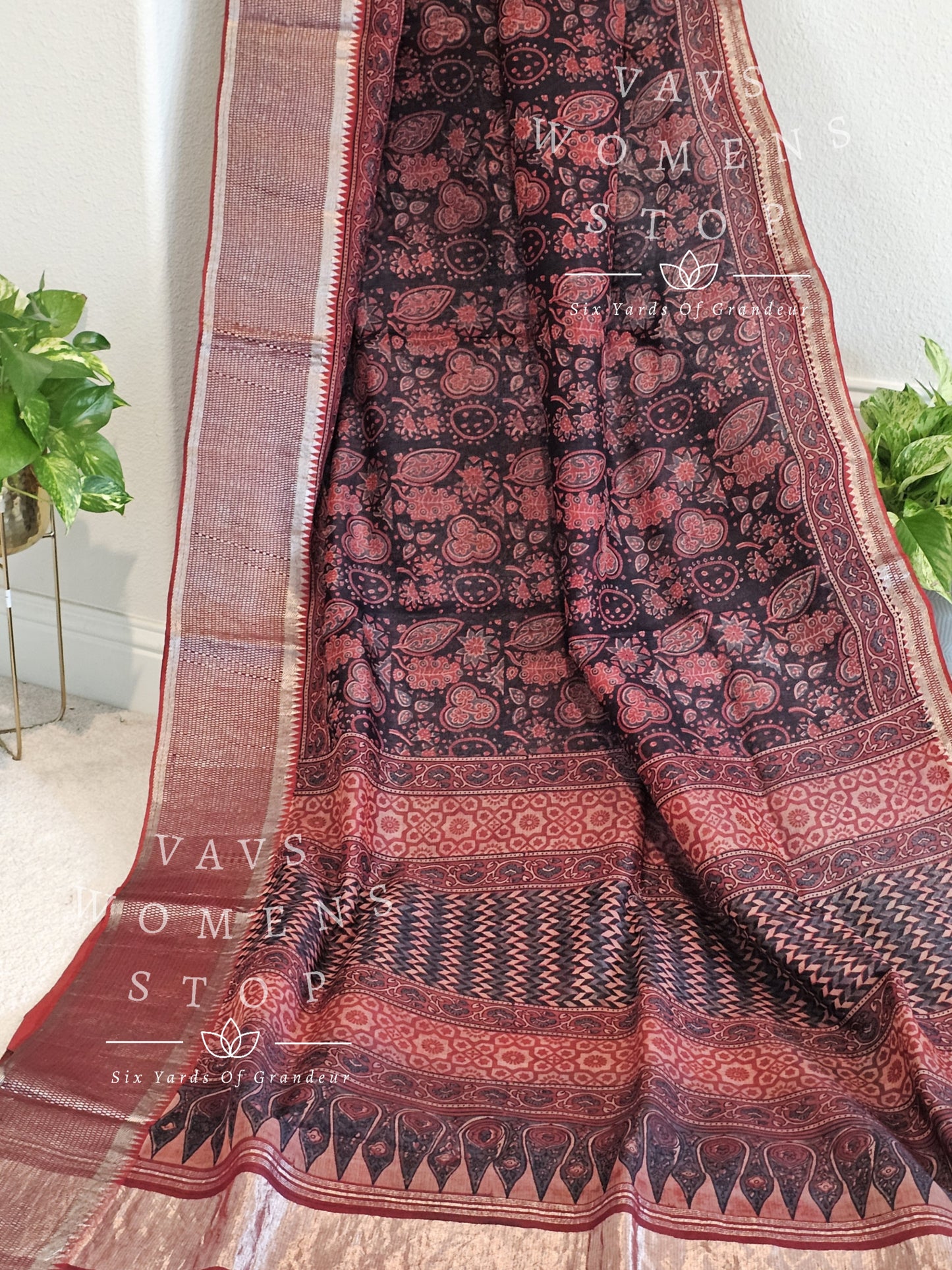 Mangalagiri Pattu Ajrakh Digital Print Silk Cotton Saree - Blouse