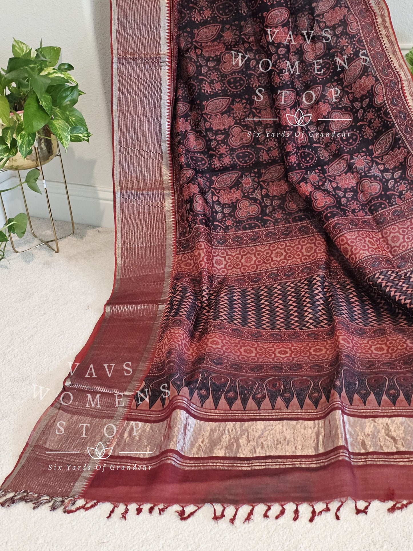 Mangalagiri Pattu Ajrakh Digital Print Silk Cotton Saree - Blouse