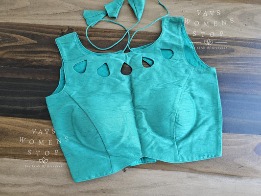Teal Green Semi Rawsilk Sleeveless Blouse