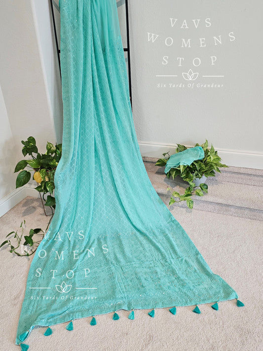 Pure Georgette Chikankari Sea Green Color Saree
