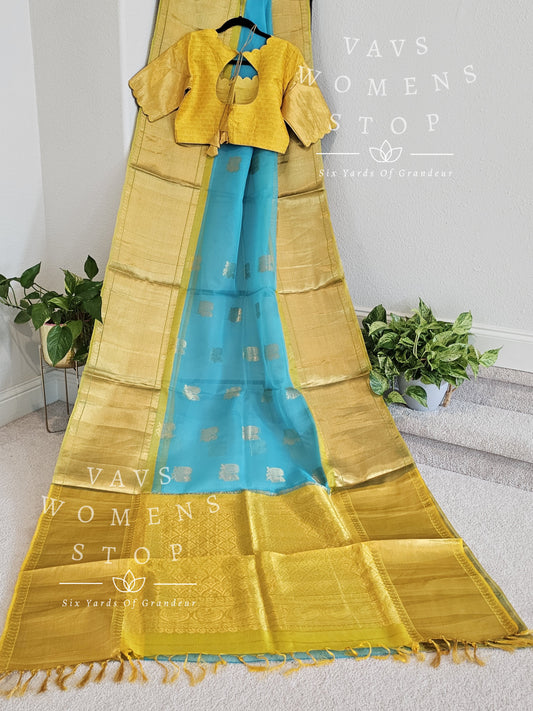 Pure Kanchi Border Designer Organza Silk Saree - Blouse