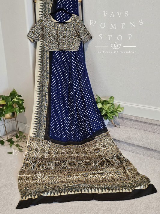 Fusion Of Ajrakh Bhandini Trendy Designer Modal Silk Saree - Blouse