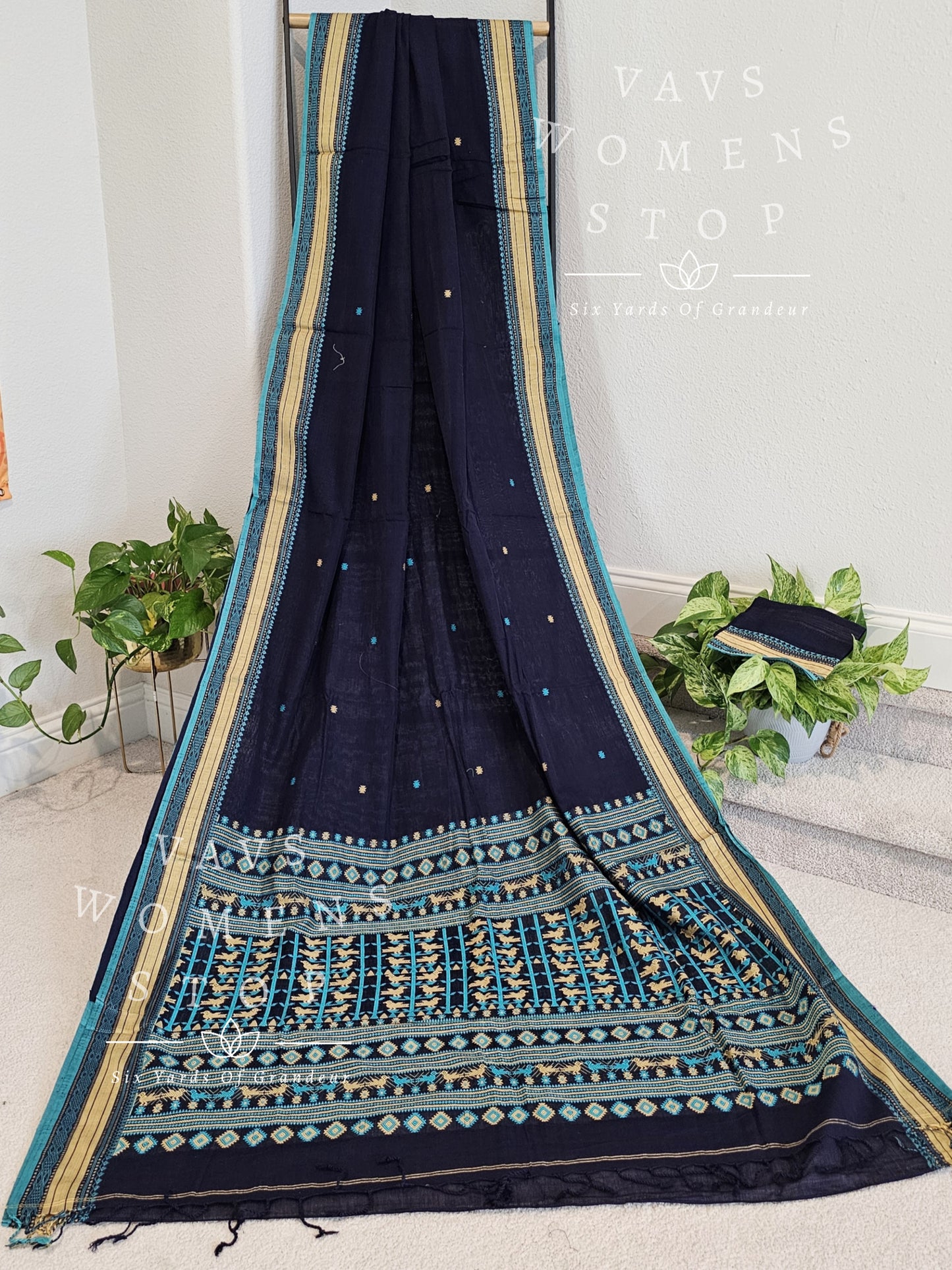 Organic Navy Blue Khadi Cotton Saree