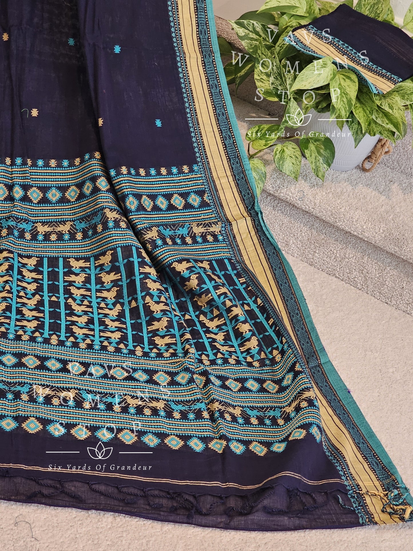 Organic Navy Blue Khadi Cotton Saree