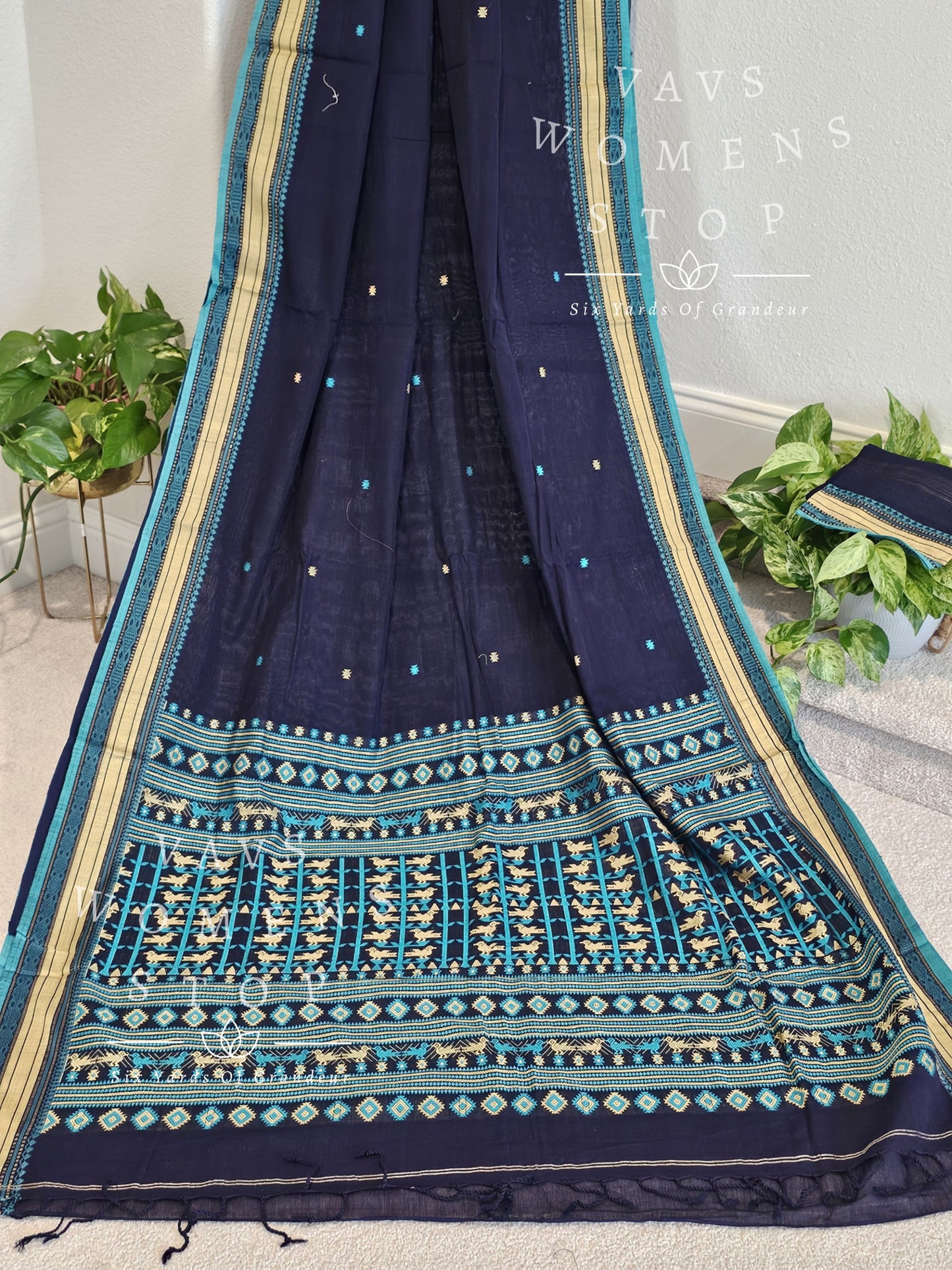 Organic Navy Blue Khadi Cotton Saree