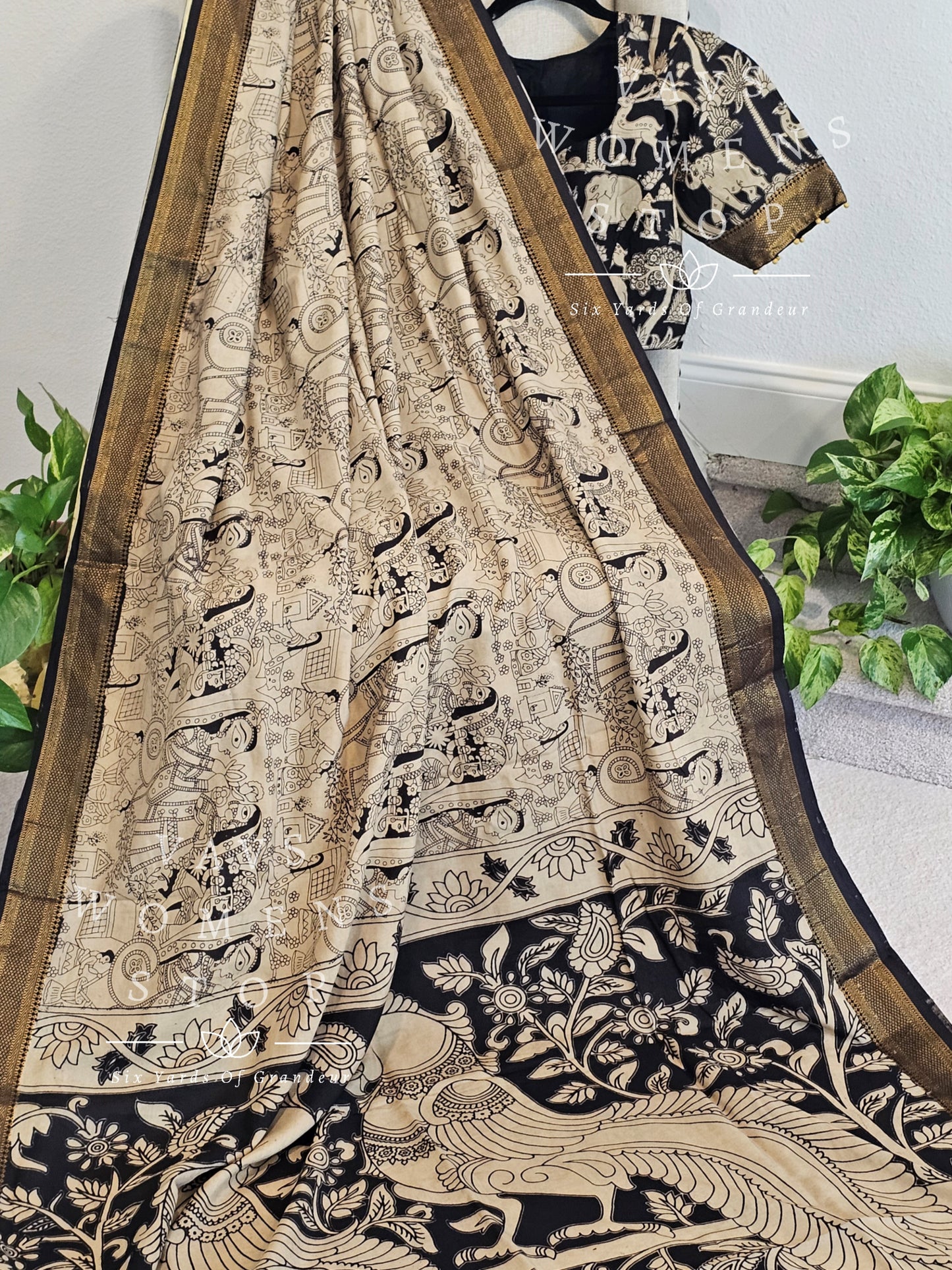 Nizam Border Kalamkari Print Silk Saree - Blouse