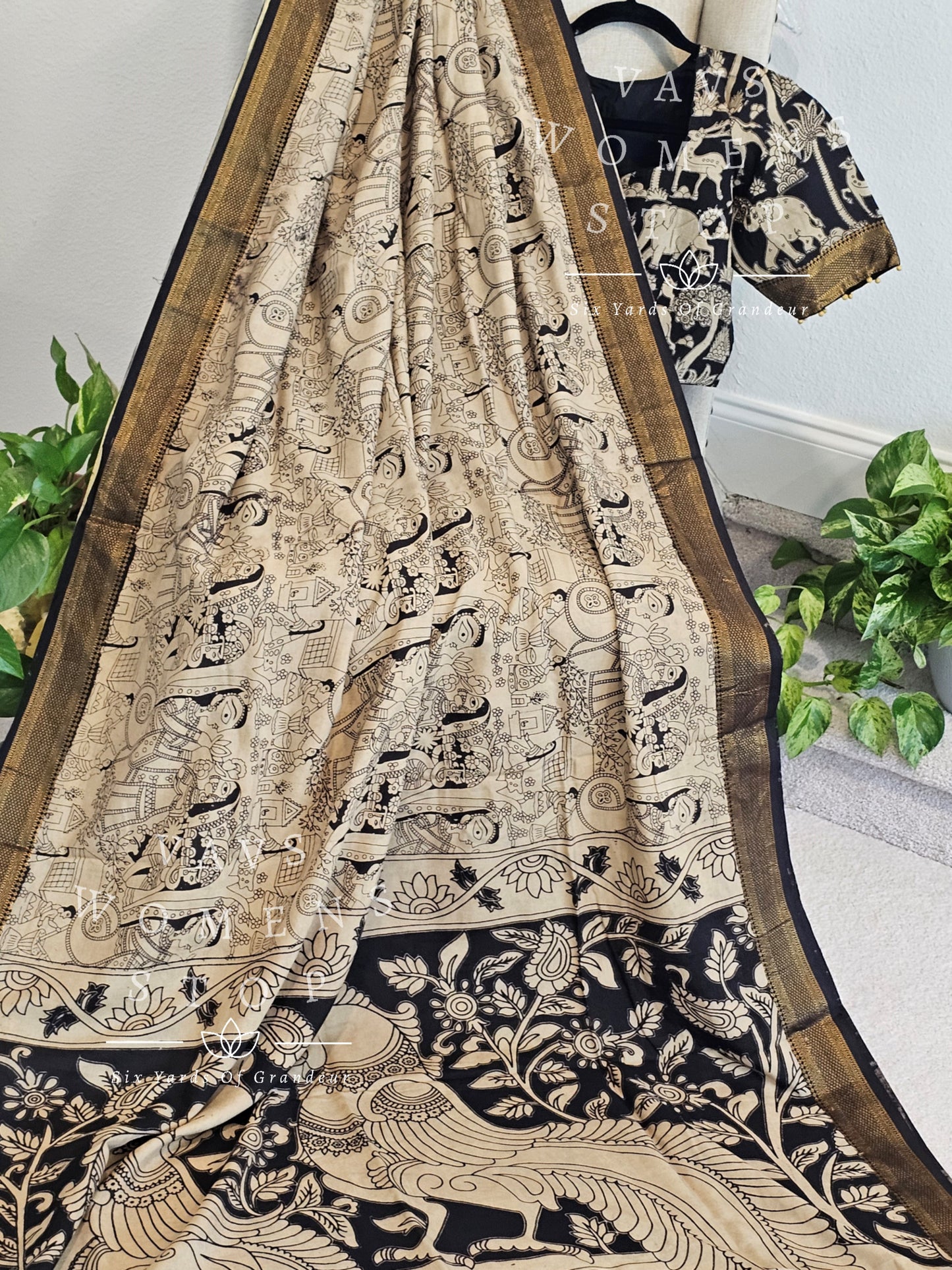 Nizam Border Kalamkari Print Silk Saree - Blouse