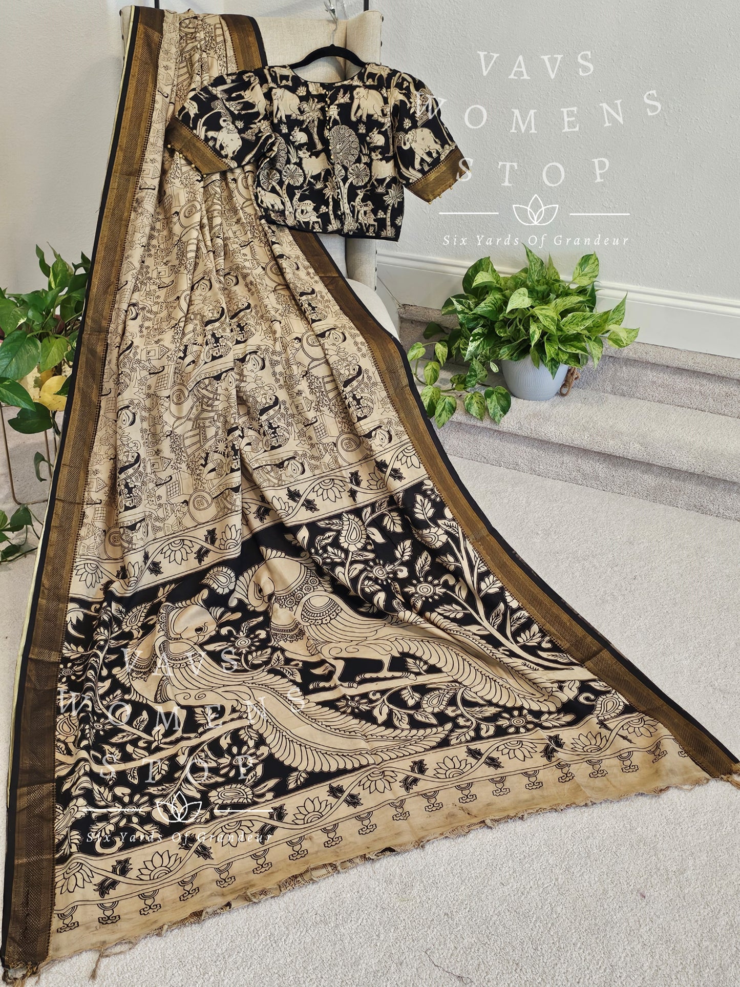 Nizam Border Kalamkari Print Silk Saree - Blouse