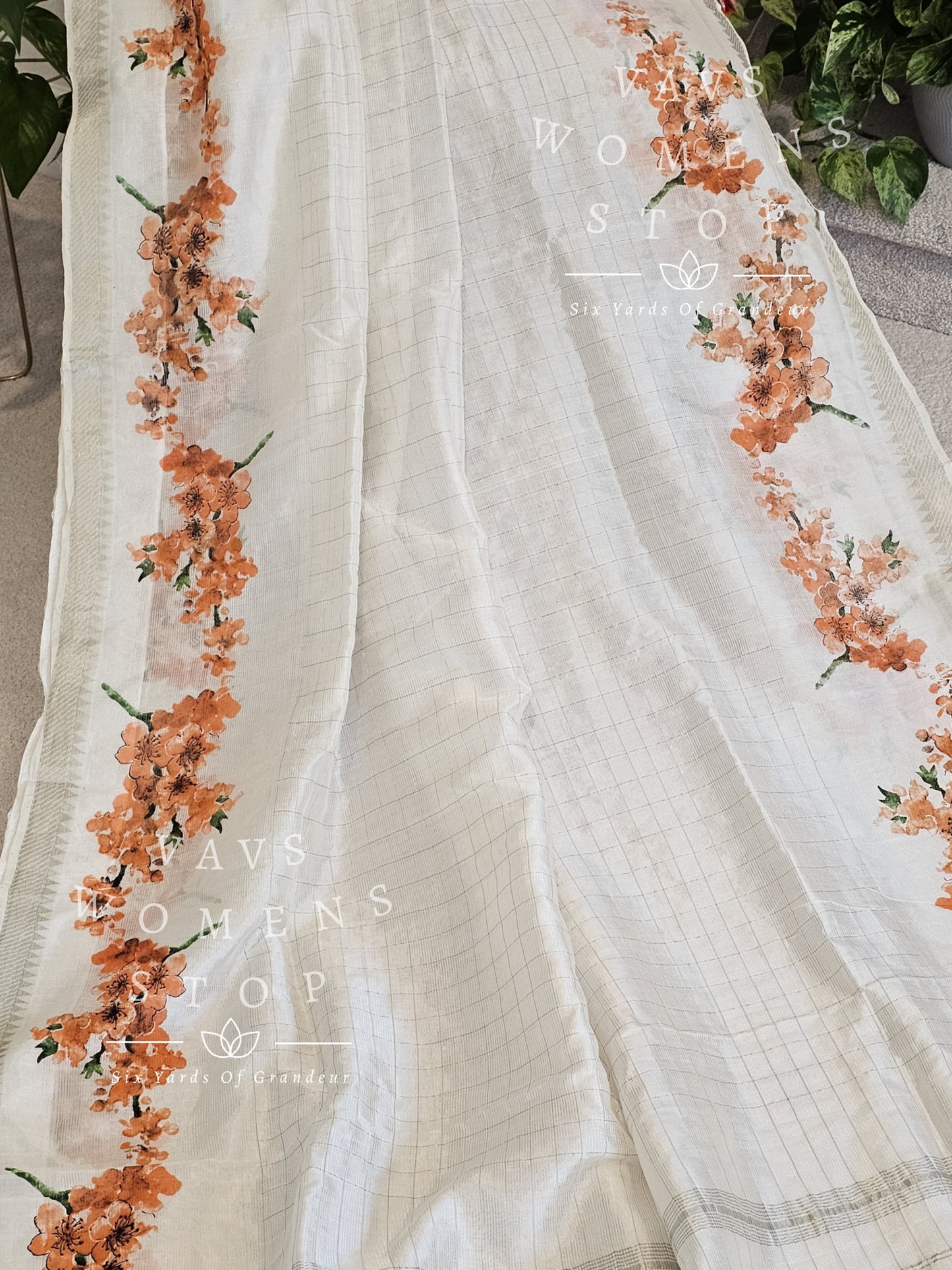 Mangalagiri Pattu Floral Print Saree - Benarasi Blouse