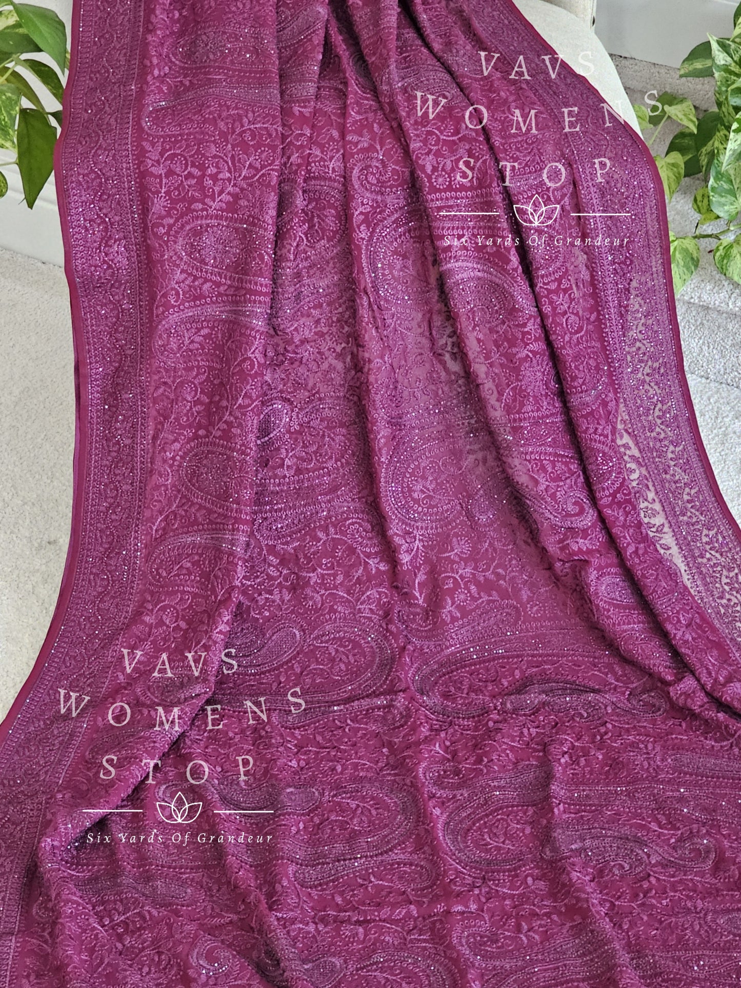 Dark Wine Shade Georgette Embroidery Saree with Mukesh Stonework - Blouse