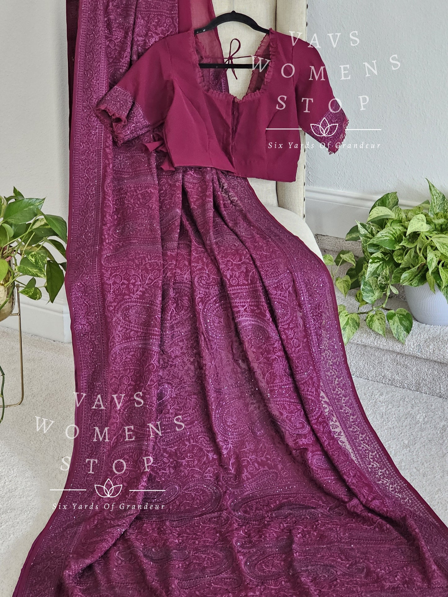 Dark Wine Shade Georgette Embroidery Saree with Mukesh Stonework - Blouse