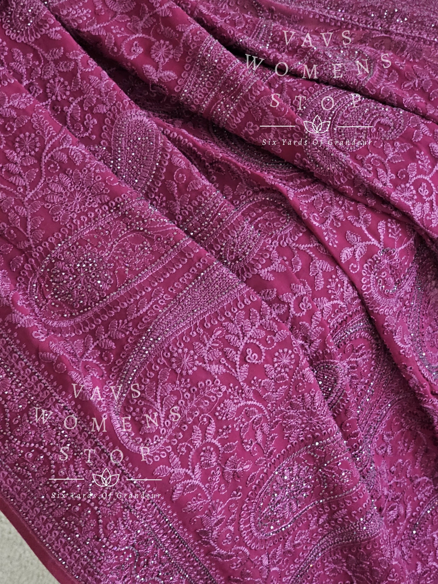 Dark Wine Shade Georgette Embroidery Saree with Mukesh Stonework - Blouse