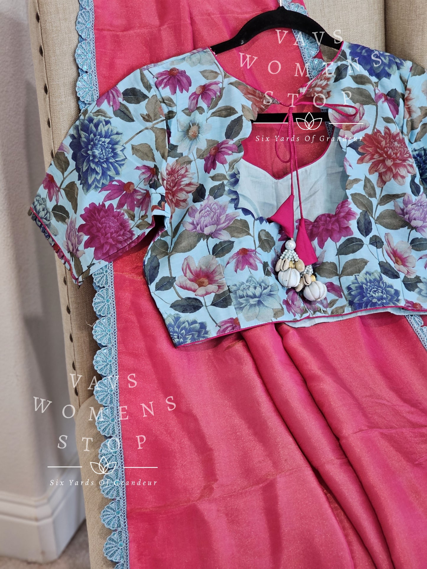 VAVS Customized Designer Tissue Saree - Floral Blouse