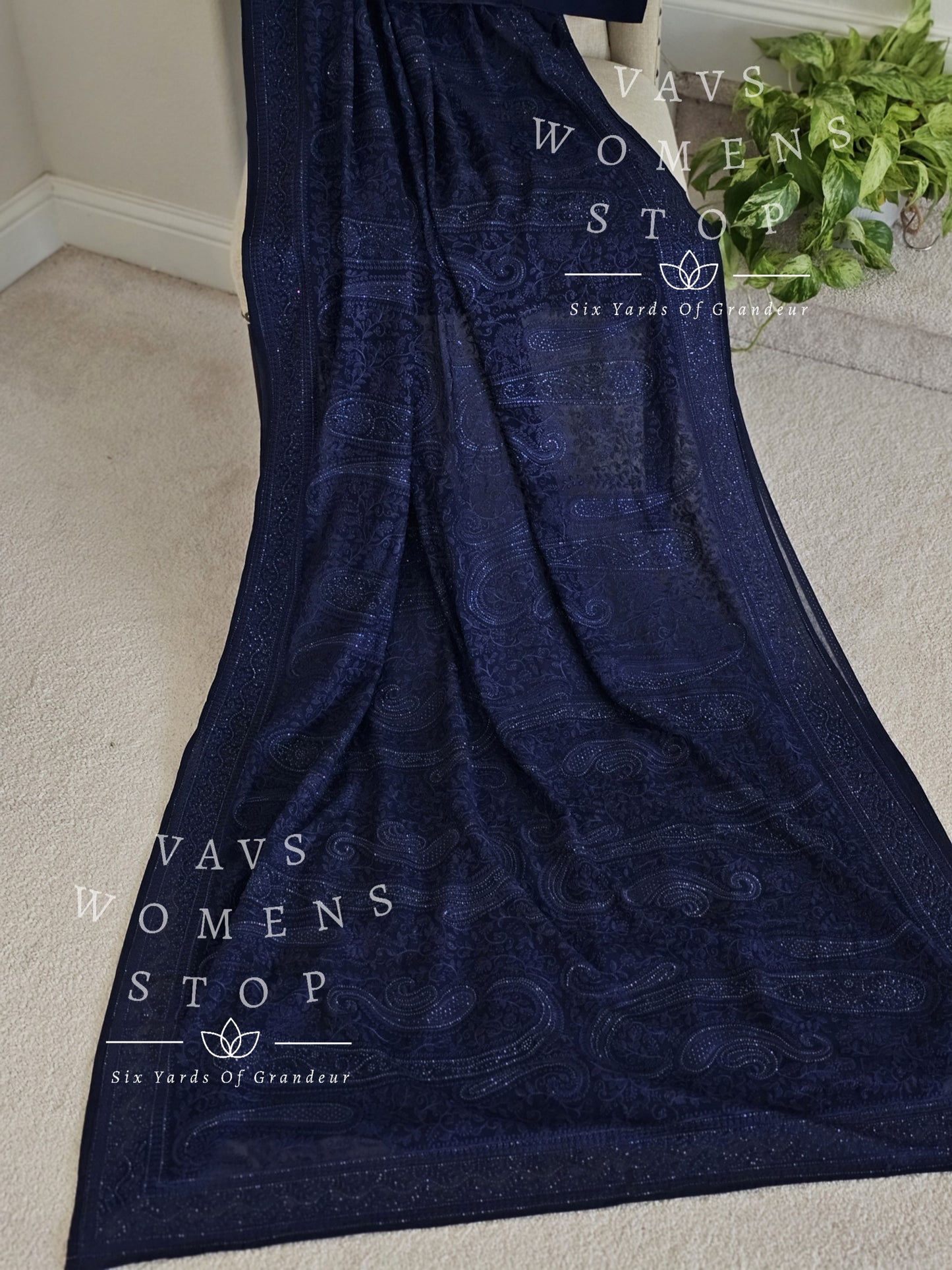 Navy Blue Shade Georgette Embroidery Saree with Mukesh Stonework - Blouse