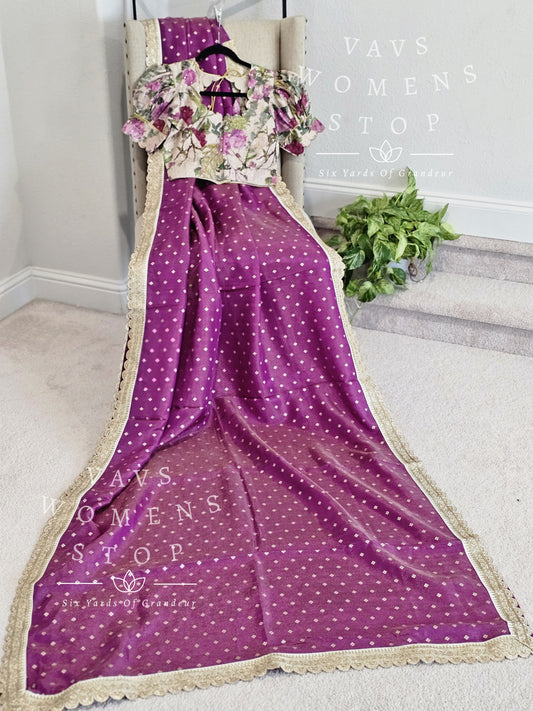 VAVS Customized Designer Tissue Saree - Floral Blouse