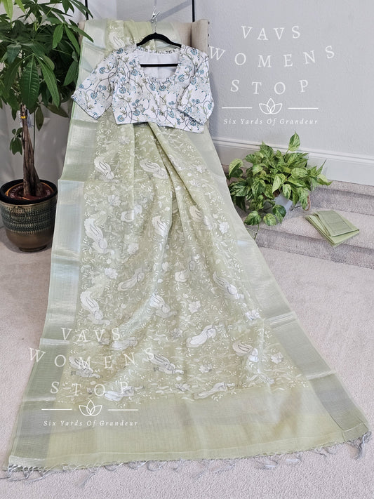 Linen Tissue Embroidery Saree - Tussar Silk Pichwai Print Blouse