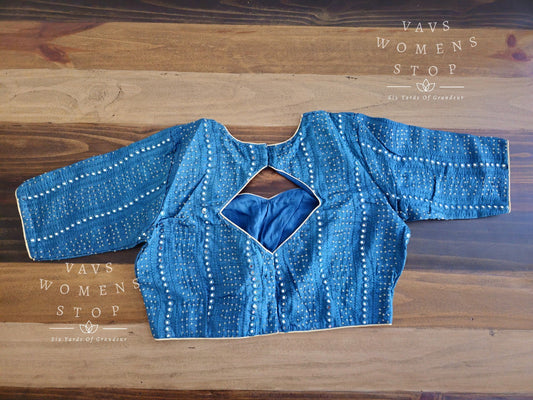 Teal Blue Sequins Pure Chinon SIlk Blouse