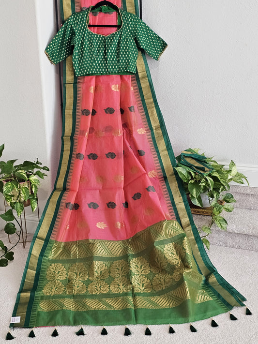 Chanderi Kuppadam Temple Border Saree - Benarasi Blouse