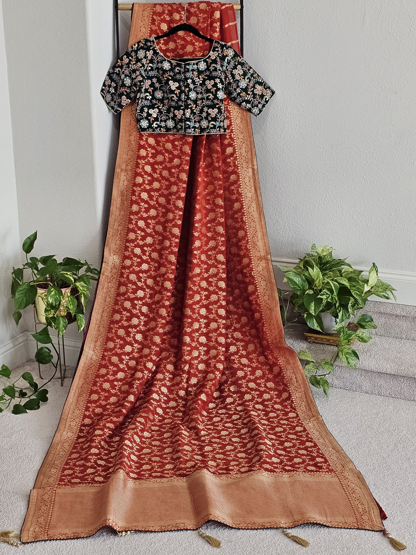 Pure Khadi Georgette Saree - Georgette Sequins Embroidered Blouse