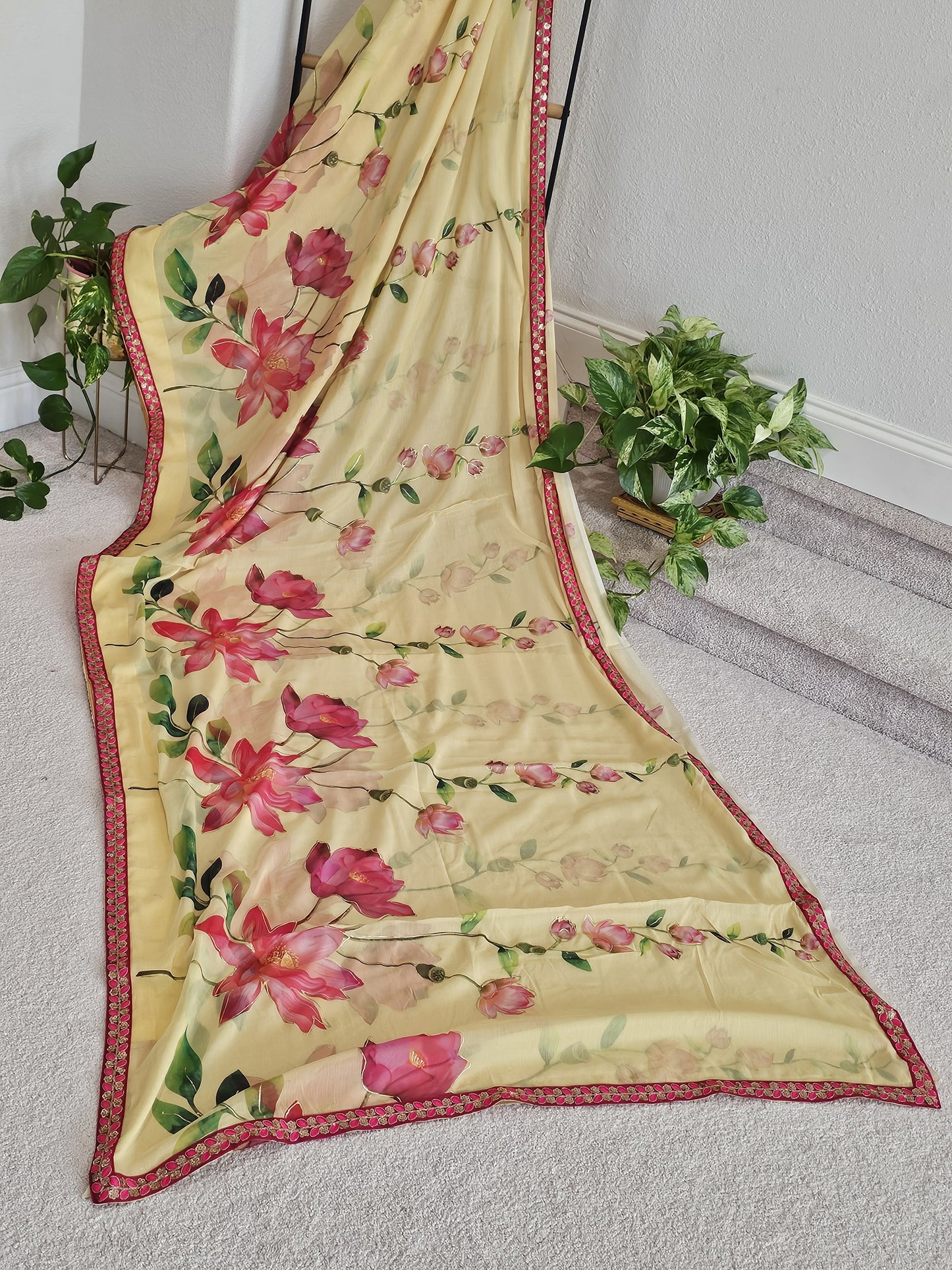 Soft Chiffon Organza Floral Print Saree - 3/4 Patterned Sleeves Designer Blouse