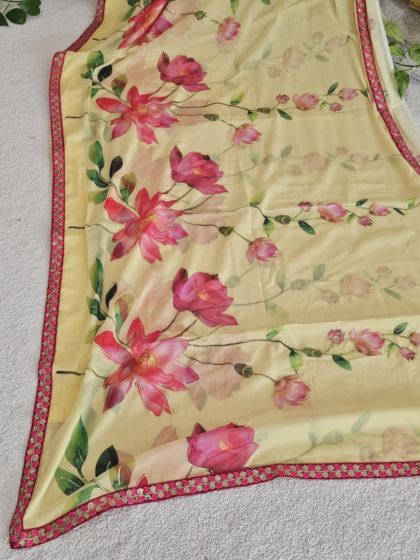 Soft Chiffon Organza Floral Print Saree - 3/4 Patterned Sleeves Designer Blouse