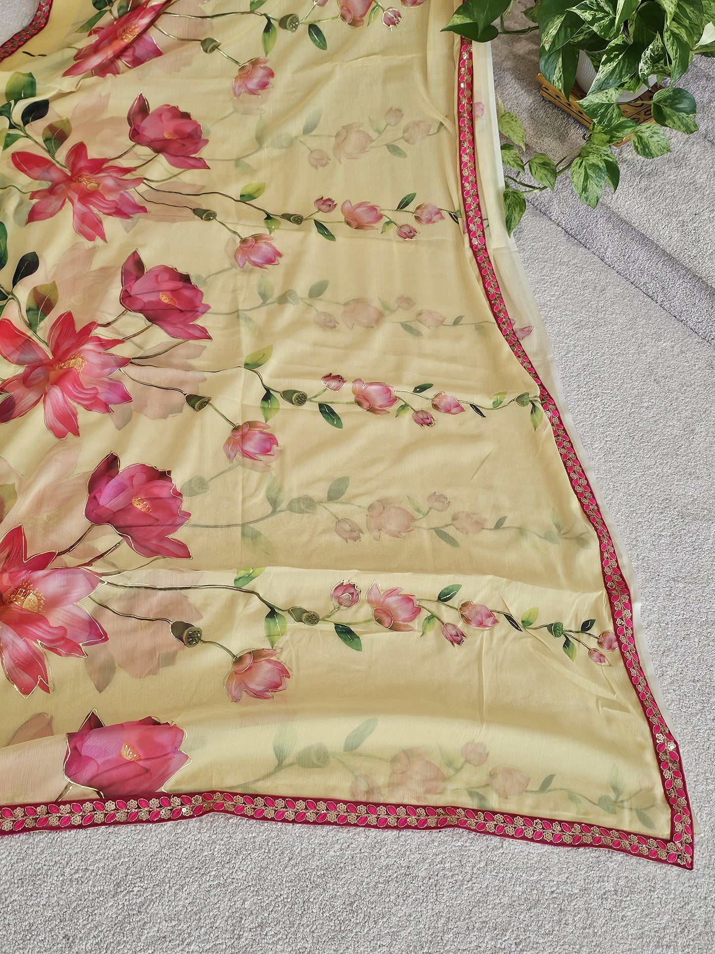 Soft Chiffon Organza Floral Print Saree - 3/4 Patterned Sleeves Designer Blouse