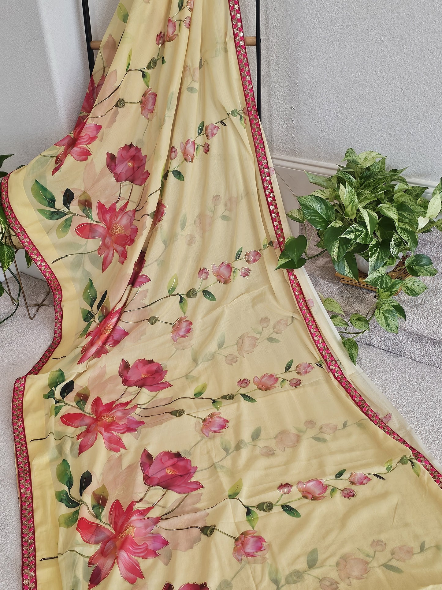 Soft Chiffon Organza Floral Print Saree - 3/4 Patterned Sleeves Designer Blouse