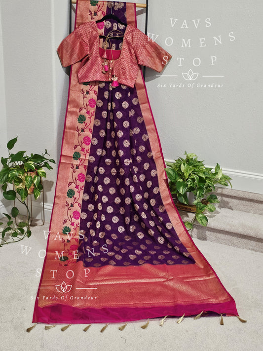 Semi Georgette Silk Cotton Paithani Border Saree - Blouse