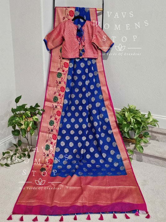 Semi Georgette Silk Cotton Paithani Border Saree - Blouse