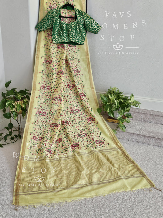Linen Silk Embroidery Saree with Benarasi Blouse