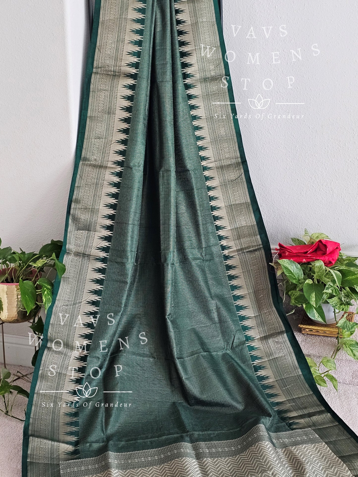 Blended Semi Kanchi Temple Border Traditional Style Saree