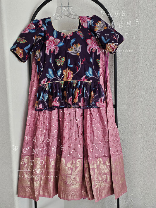 Foil Miror Crepe Silk Lehenga - Floral Organza Croptop Set