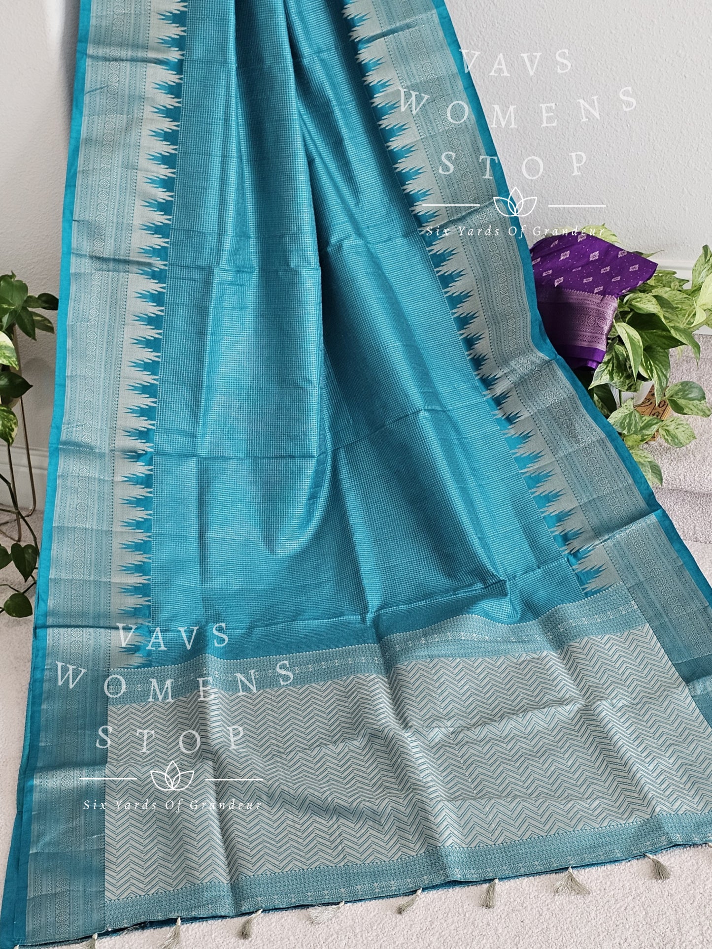 Blended Semi Kanchi Temple Border Traditional Style Saree