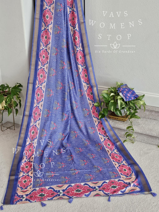 Soft Chanderi Linen Cotton Ikkat Print Saree 