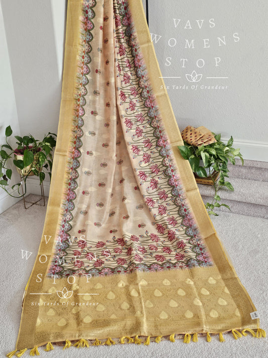Linen Cotton Saree - Red Sleeveless Blouse