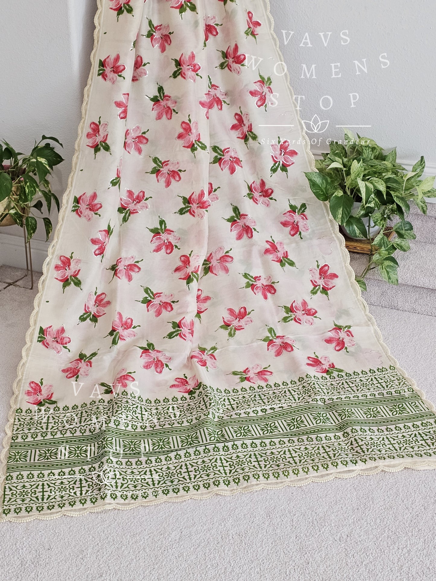 Jute Silk Floral Foil Prints Saree - Pure Chinon Chiffon Sequins Blouse